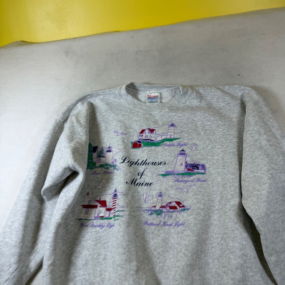 Vintage Hanes Lighthouses of Maine Sweatshirt XL Grey Graphic Crewneck 90s